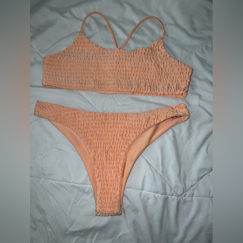 Coral scrunched bikini set shein